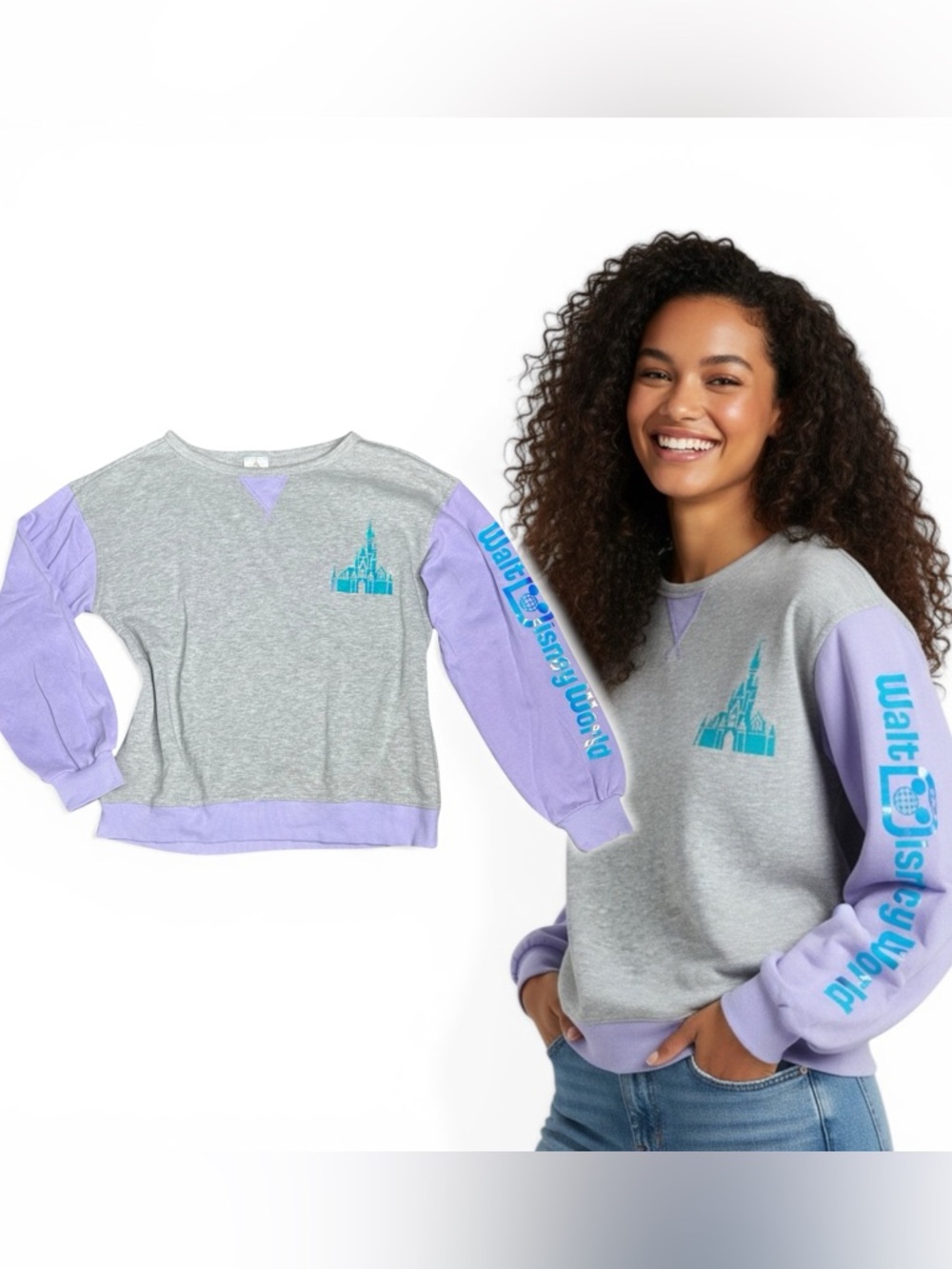 Disney SOFT Gray & Lavender Castle Holographic Iridescent Pullover Sweater SMALL